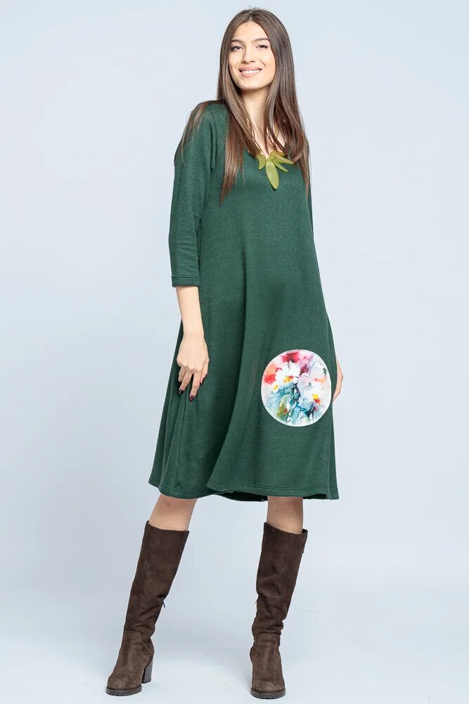 Pierino Rochie A line midi din jerseu moale cu aplicatie flori verde inchis
