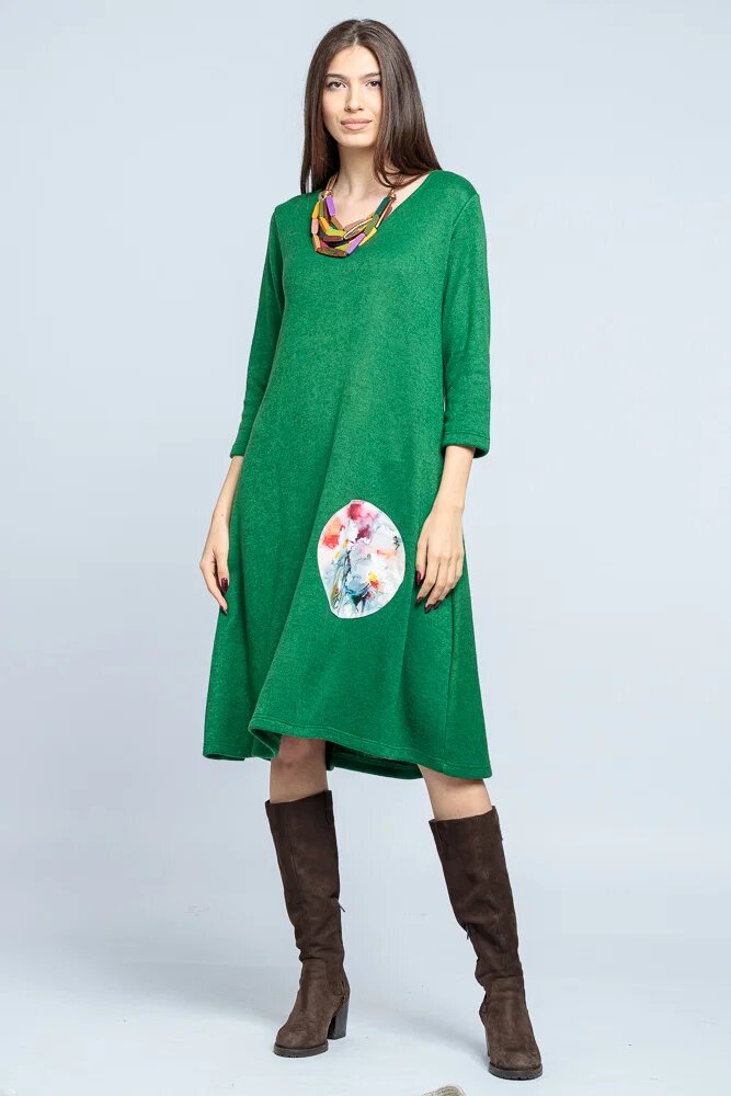 Pierino Rochie A line midi din jerseu moale cu aplicatie flori verde smarald
