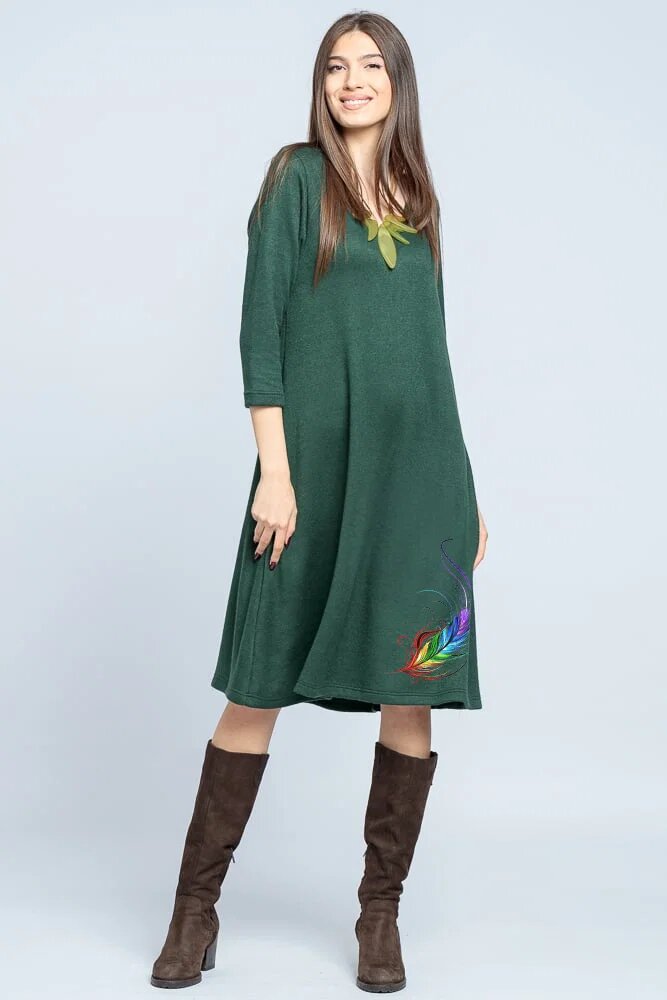 Pierino Rochie A line midi din jerseu moale cu imprimeu lateral pana verde inchis
