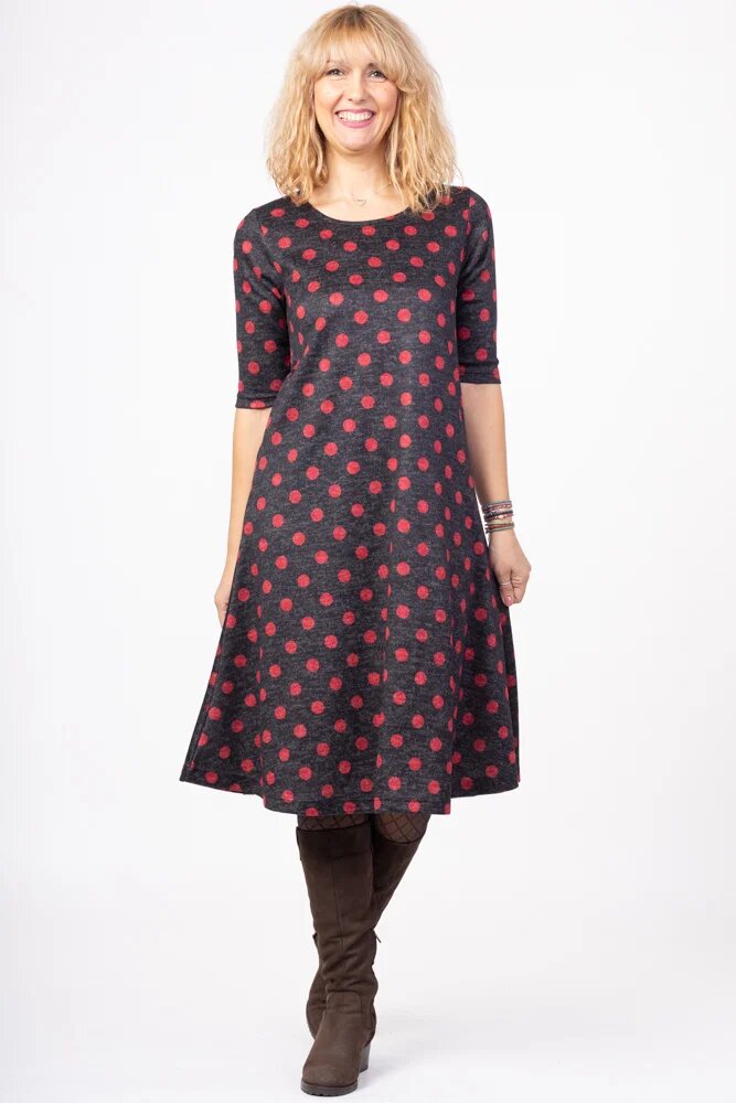 Pierino Rochie A line midi imprimeu buline rosii pe fond negru