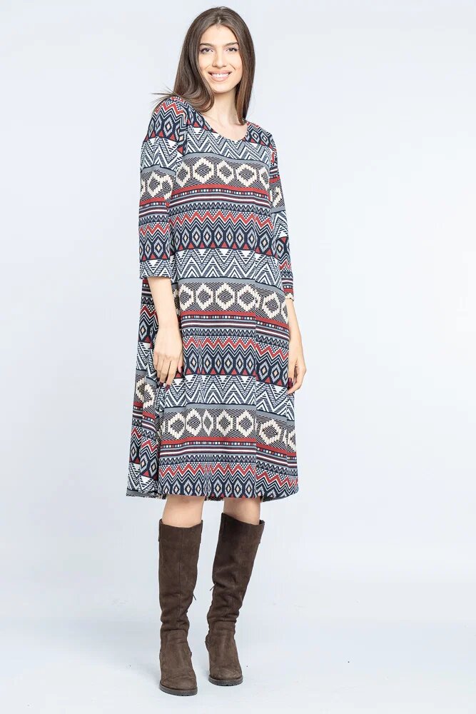 Pierino Rochie A line midi imprimeu geometric bleumarin-bordo