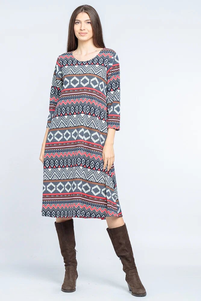 Pierino Rochie A line midi imprimeu geometric bleumarin-rosu
