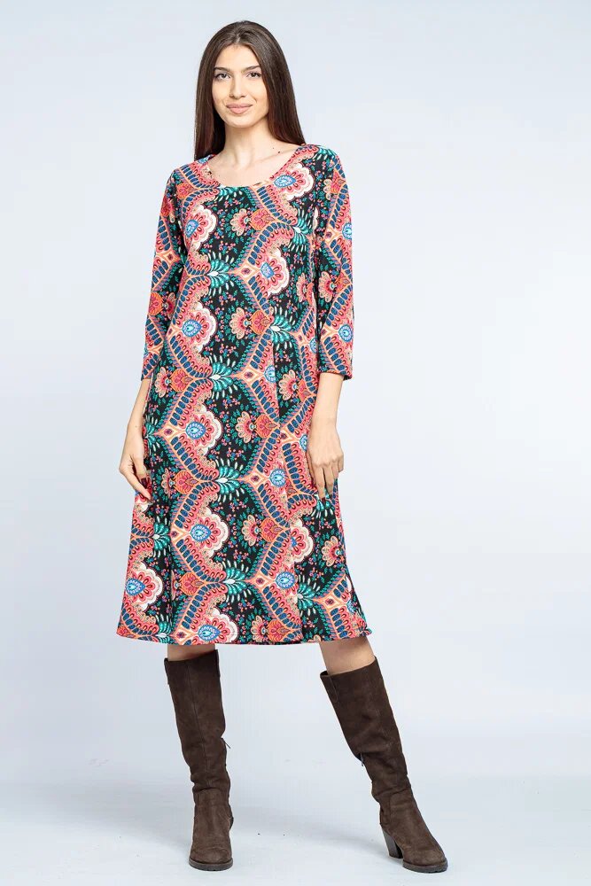 Pierino Rochie A line midi imprimeu oriental roz pe fond negru