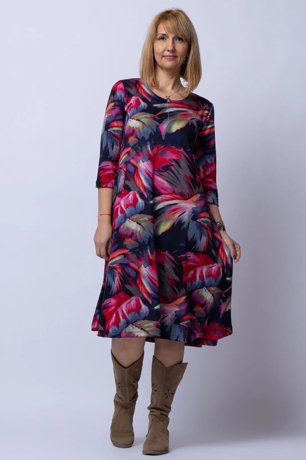 Pierino Rochie A line midi imprimeu predominant in nuante de bleumarin-rosu din vascoza