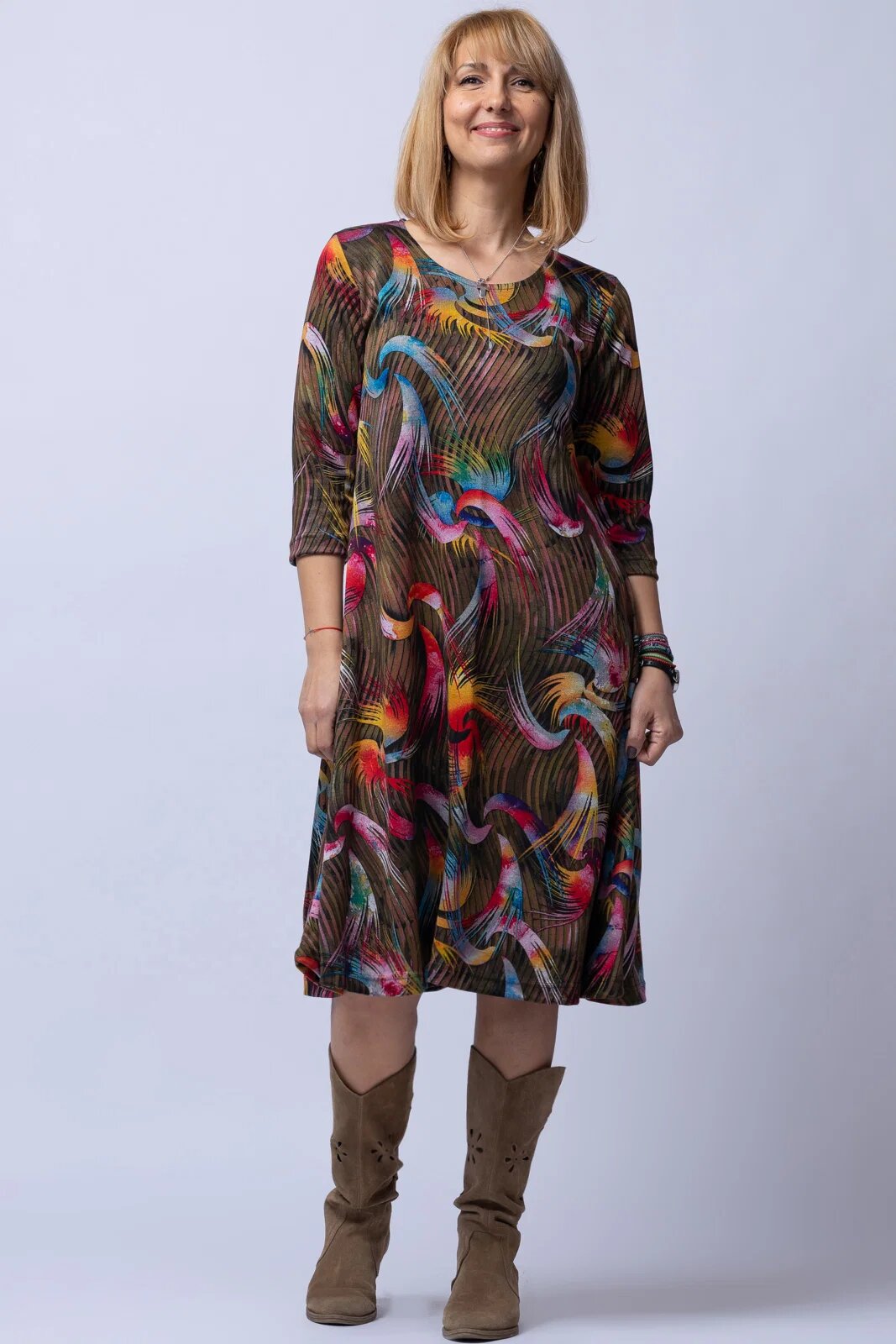 Pierino Rochie A line midi imprimeu predominant in nuante de kaki-galben din vascoza