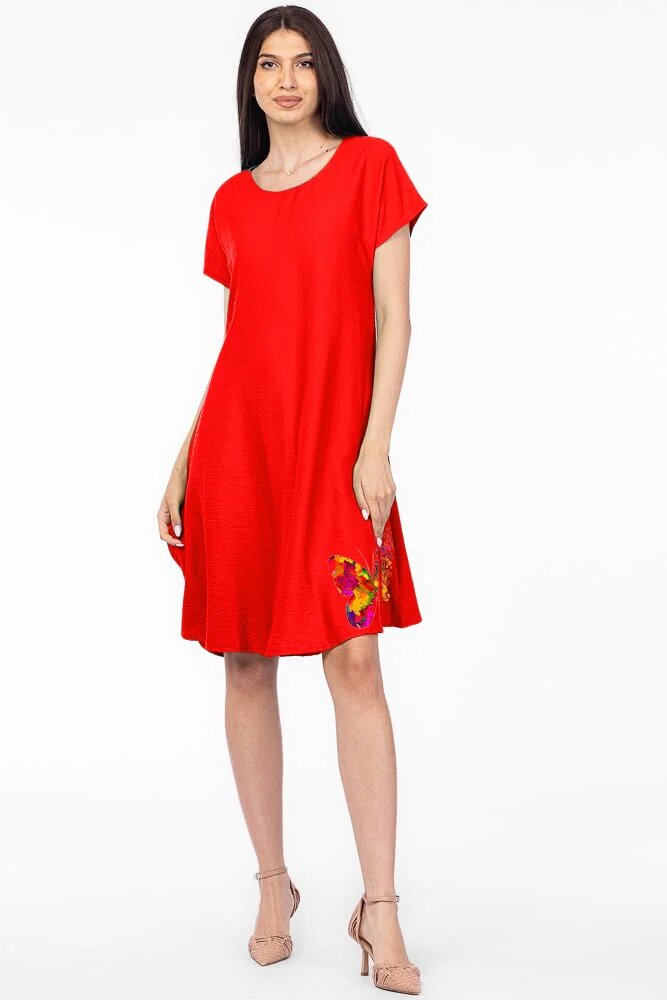Pierino Rochie A line rosie din in mercerizat si vascoza usor creponat cu imprimeu fluture multicolor