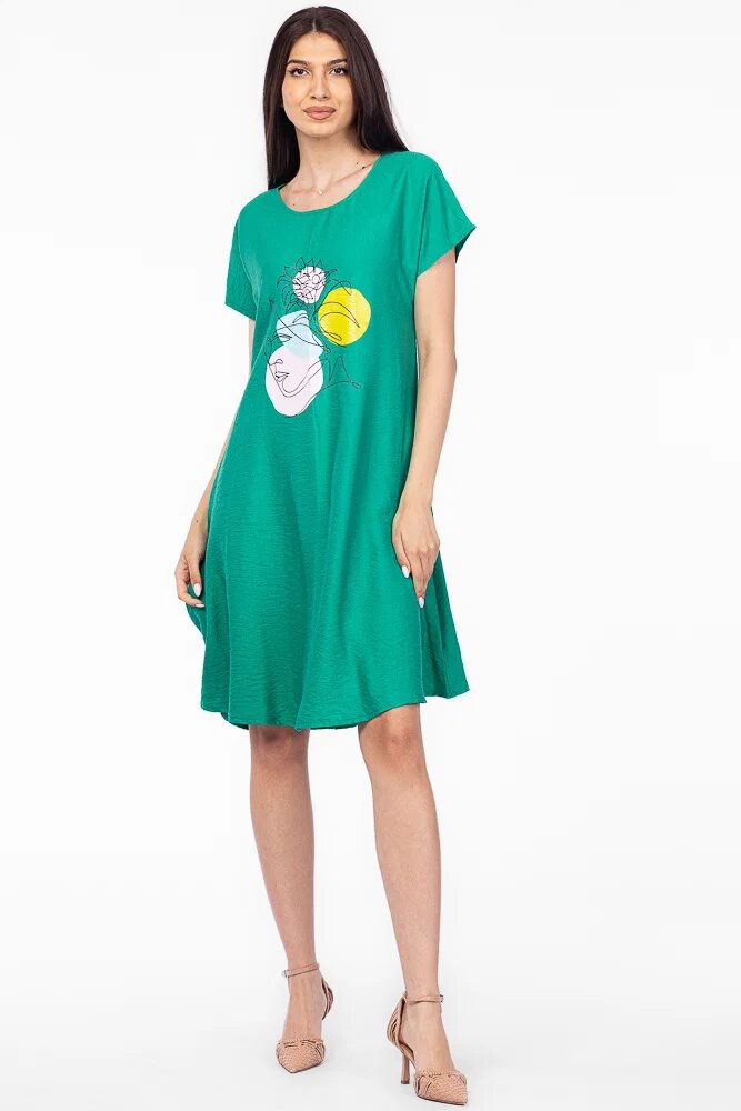 Pierino Rochie A line verde din in mercerizat si vascoza cu imprimeu grafic chip