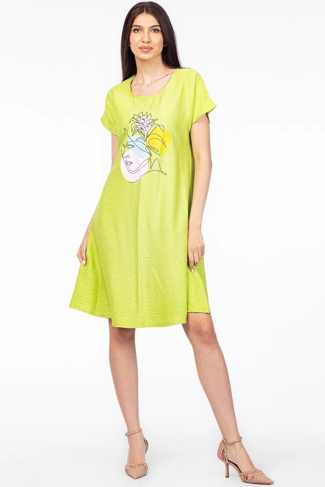 Pierino Rochie A line verde lime din in mercerizat si vascoza cu imprimeu grafic chip