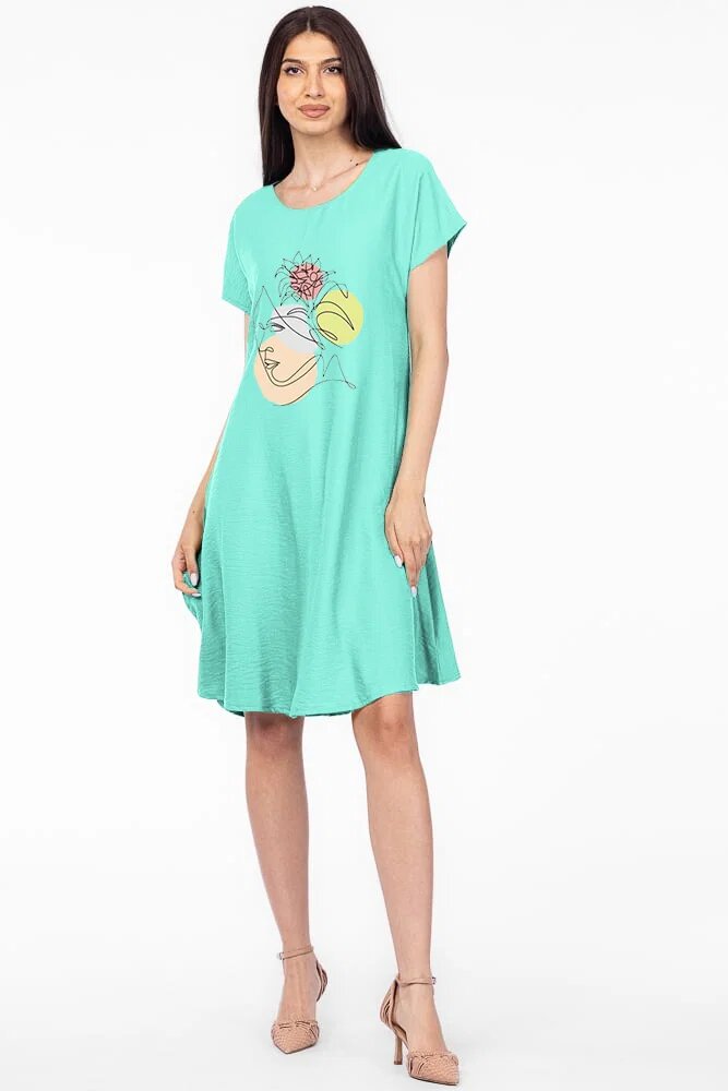 Pierino Rochie A line verde menta din in mercerizat si vascoza cu imprimeu grafic chip