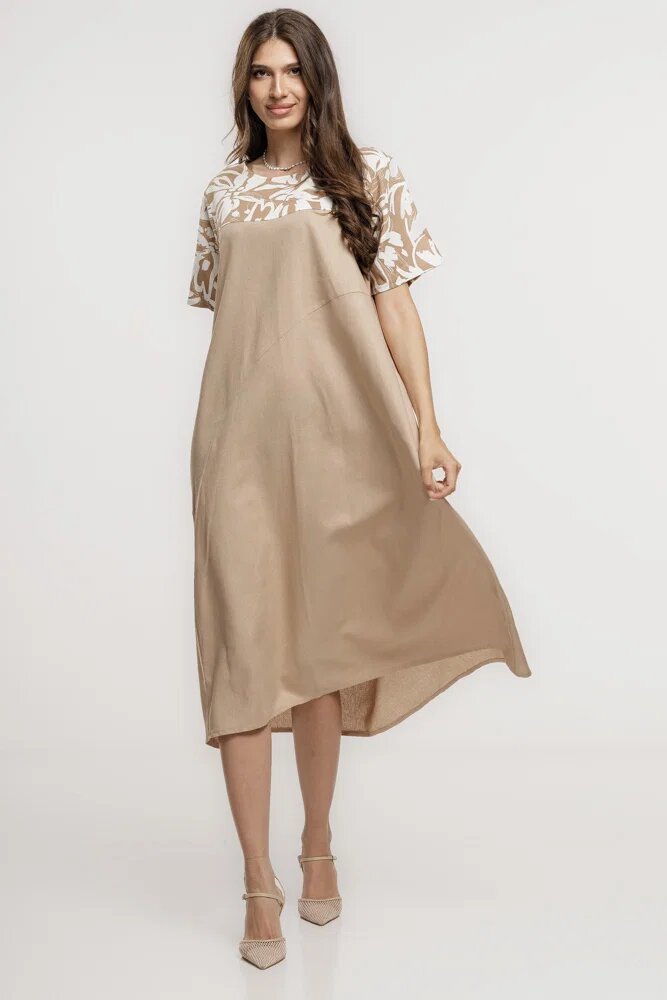 Pierino Rochie din in mercerizat si vascoza cu croi lejer si design minimalist bej cu platca mica imprimata