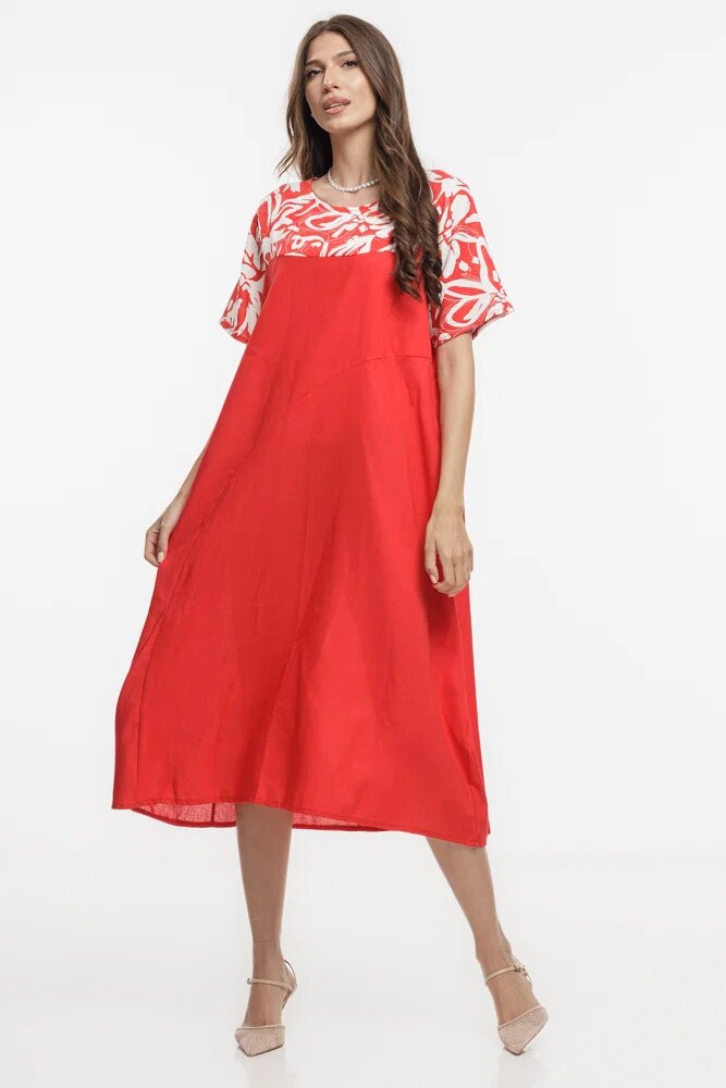 Pierino Rochie din in mercerizat si vascoza cu croi lejer si design minimalist rosie cu platca mica imprima