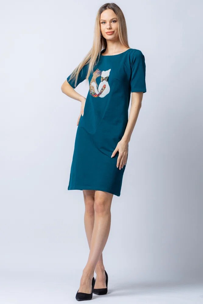 Pierino Rochie din tricot de bumbac turcoaz cu doua pisici aplicate pe piept
