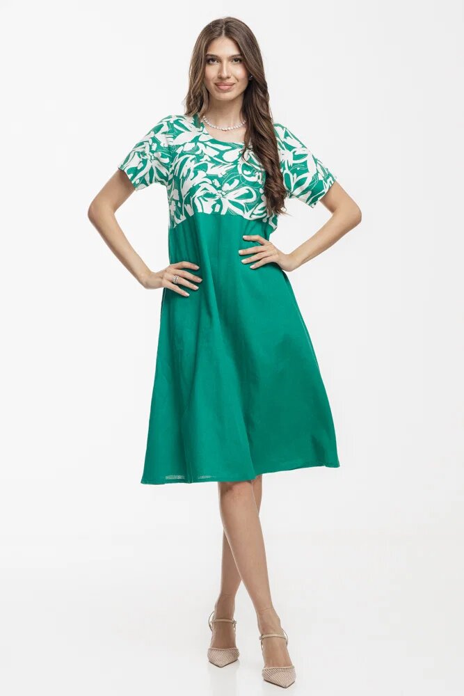 Pierino Rochie Eva A line din in mercerizat si vascoza verde cu platca imprimata