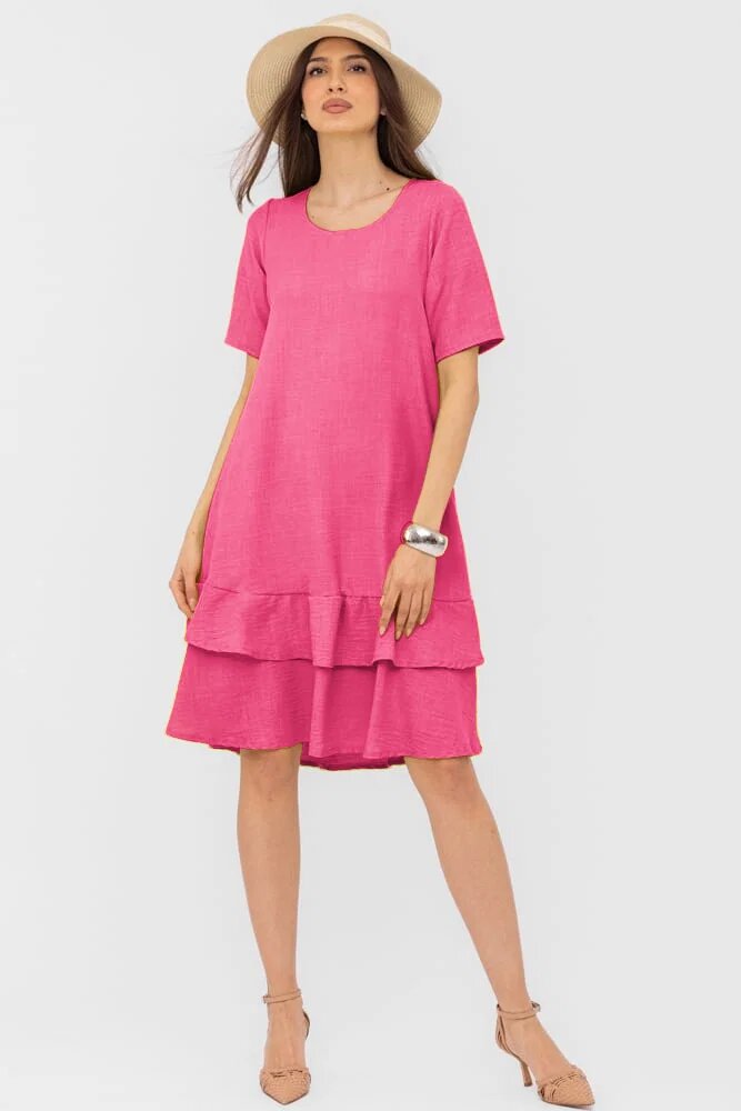 Pierino Rochie fucsia A line midi cu doua volane poale din in mercerizat si vascoza