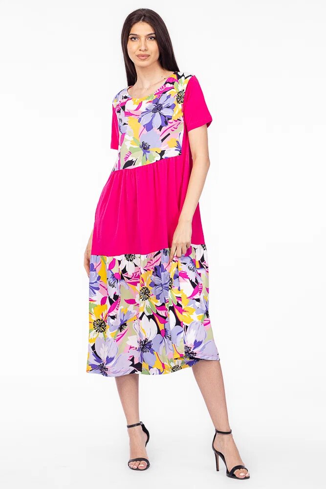Pierino Rochie fucsia cu platca si doua volane imprimeu flori mari din bumbac