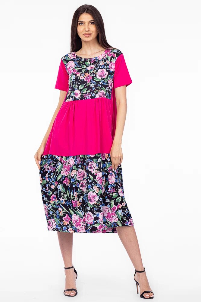 Pierino Rochie fucsia cu platca si doua volane imprimeu trandafiri din bumbac
