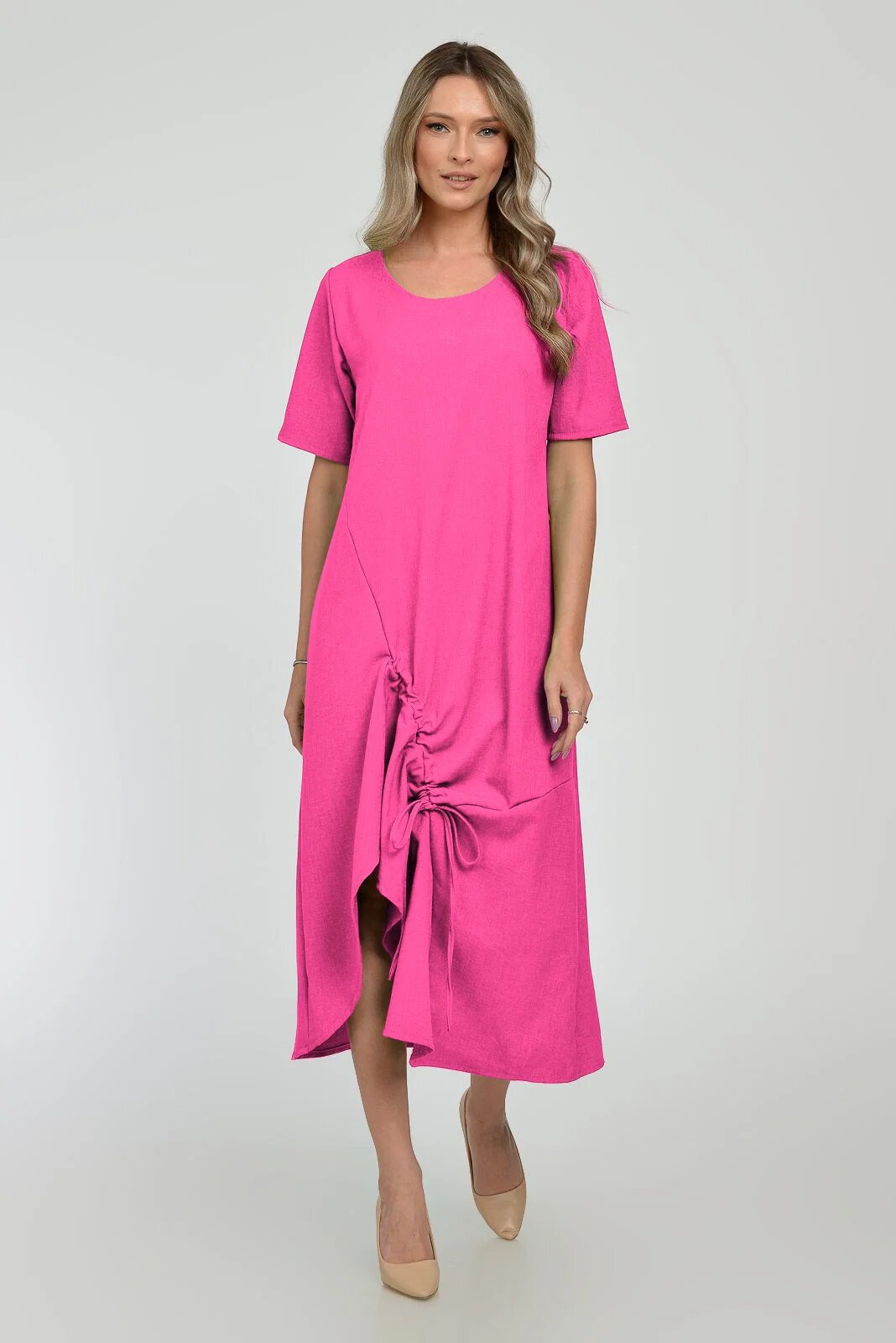 Pierino Rochie lunga A-line din in mercerizat cu siret la poale fucsia
