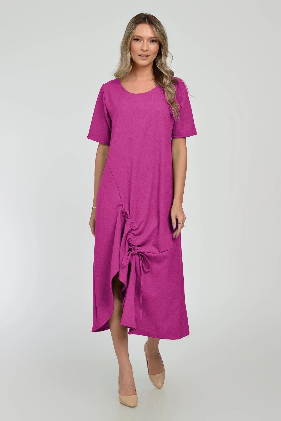 Pierino Rochie lunga A-line din in mercerizat cu siret la poale magenta