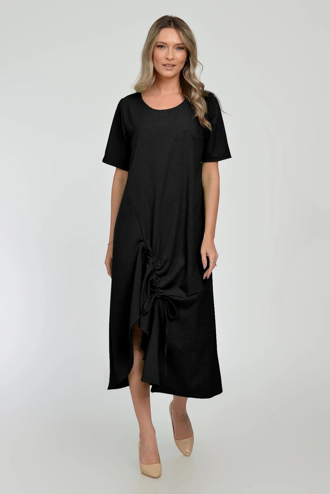 Pierino Rochie lunga A-line din in mercerizat cu siret la poale neagra