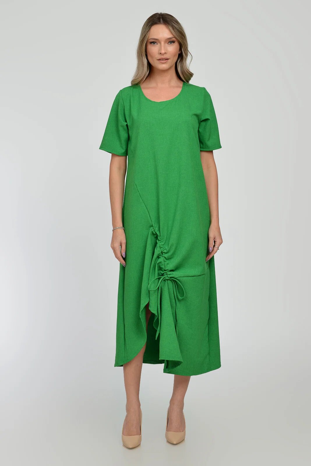 Pierino Rochie lunga A-line din in mercerizat cu siret la poale verde intens
