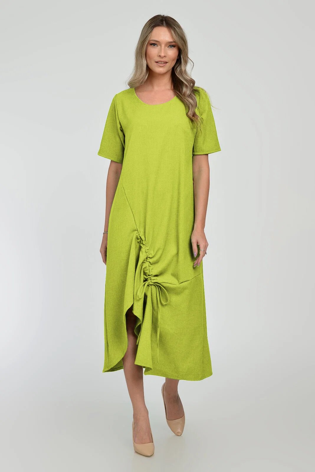 Pierino Rochie lunga A-line din in mercerizat cu siret la poale verde lime