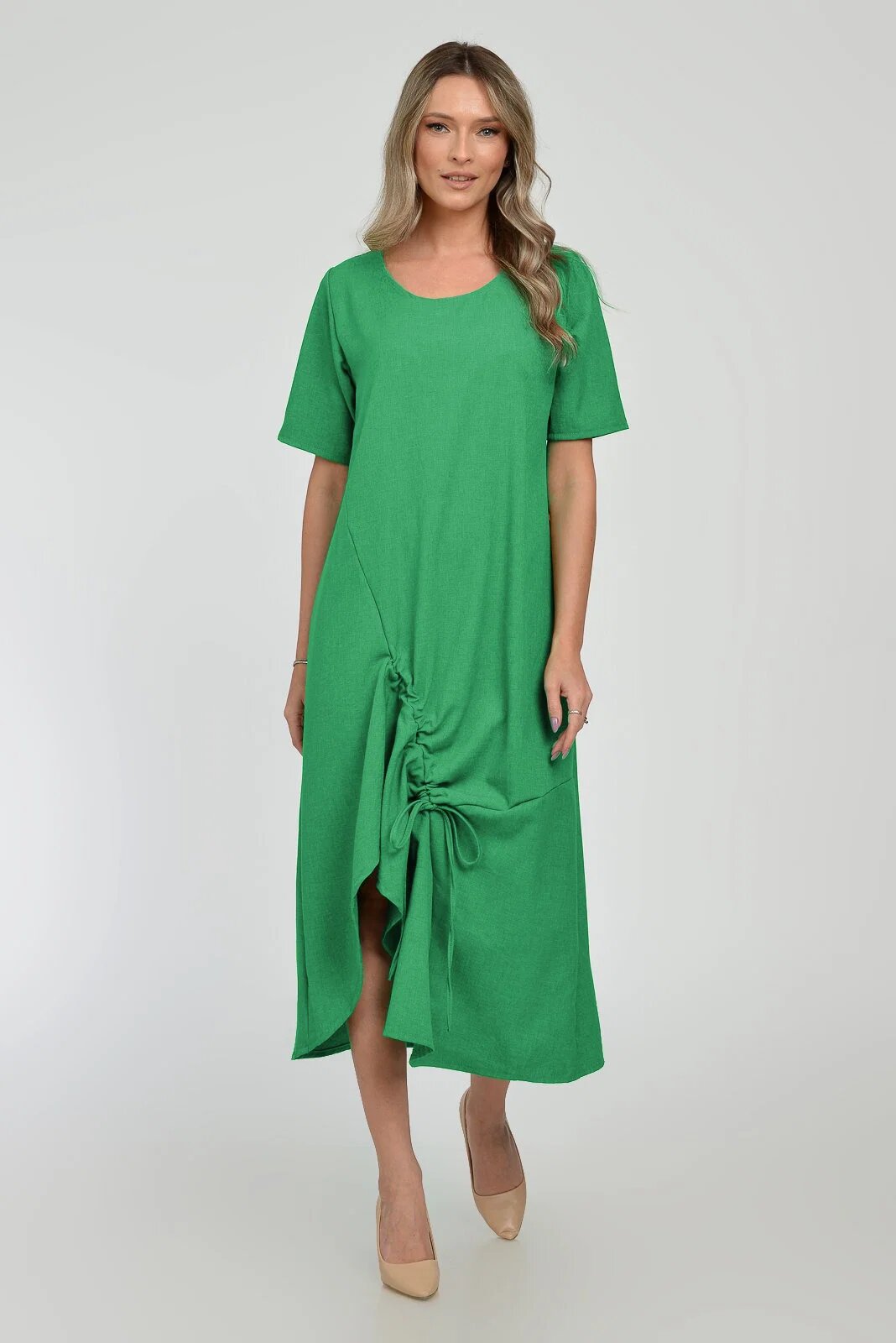 Pierino Rochie lunga A-line din in mercerizat cu siret la poale verde smarald