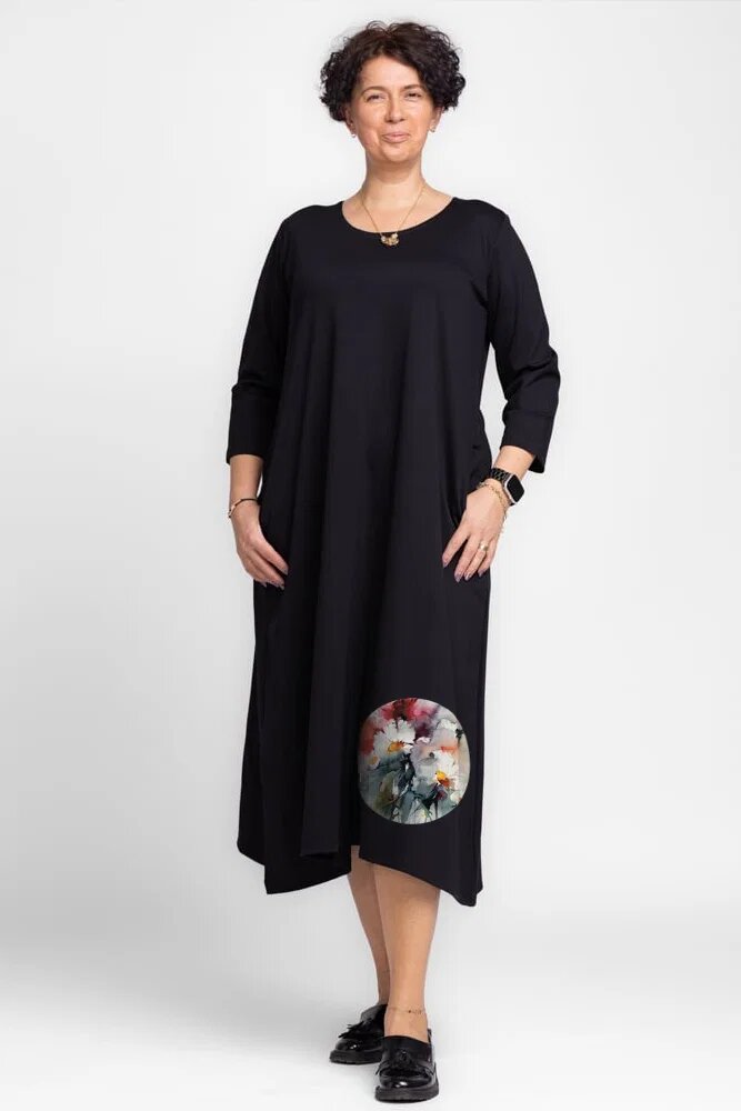 Pierino Rochie lunga A-line din tricot de bumbac neagra cu imprimeu floare acuarela