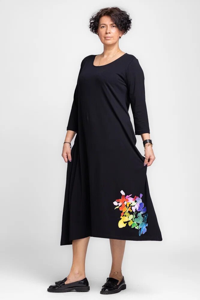 Pierino Rochie lunga A-line din tricot de bumbac neagra cu imprimeu petale