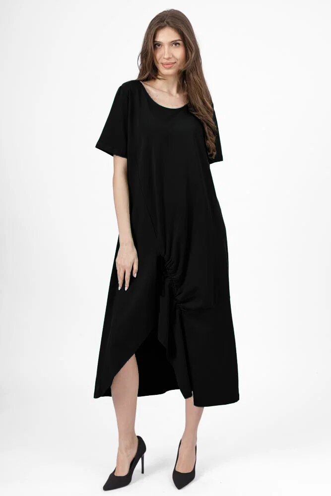 Pierino Rochie lunga A-line neagra din tricot de bumbac cu siret la poale