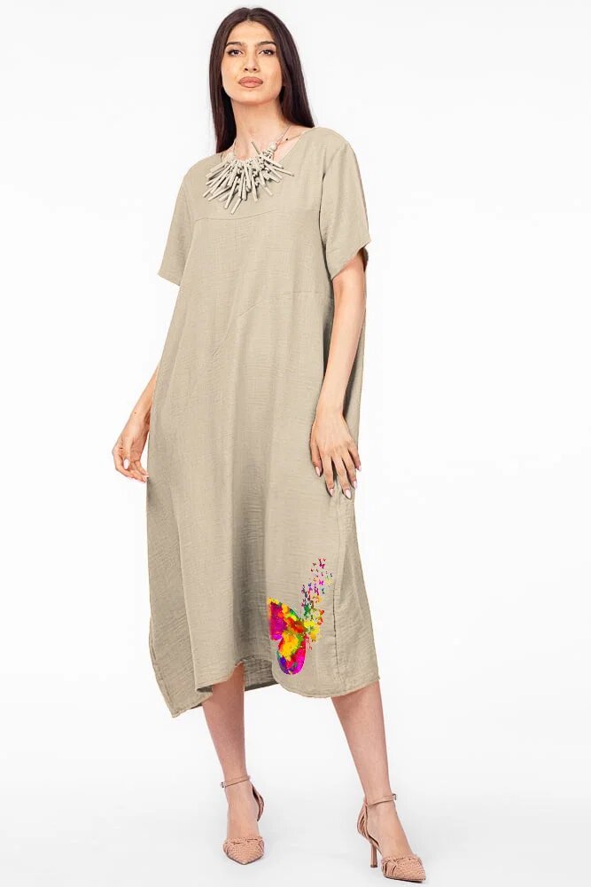 Pierino Rochie lunga bej din in mercerizat si vascoza marime oversize cu fluture stilizat