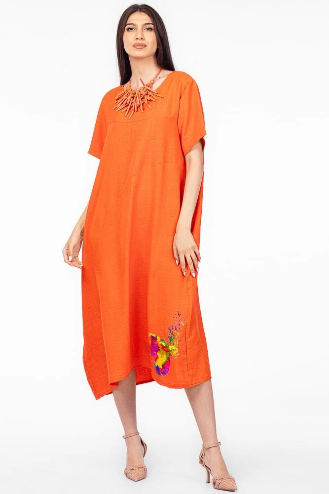 Pierino Rochie lunga portocalie din in mercerizat si vascoza marime oversize cu fluture stilizat