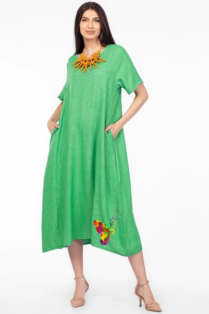 Pierino Rochie lunga verde din in mercerizat si vascoza marime oversize cu fluture stilizat