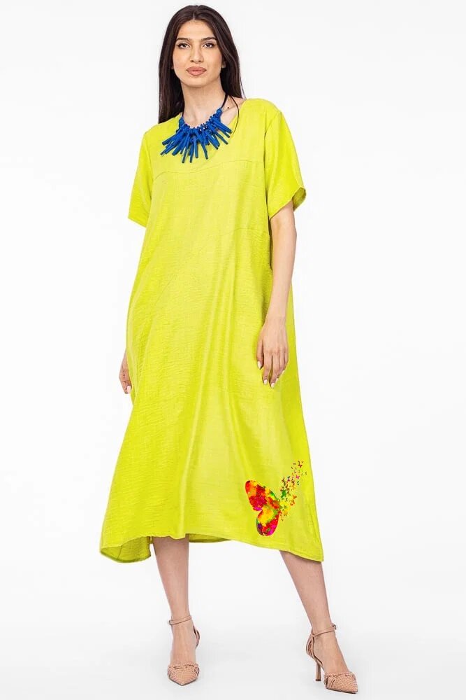Pierino Rochie lunga verde lime din in mercerizat si vascoza marime oversize cu fluture stilizat