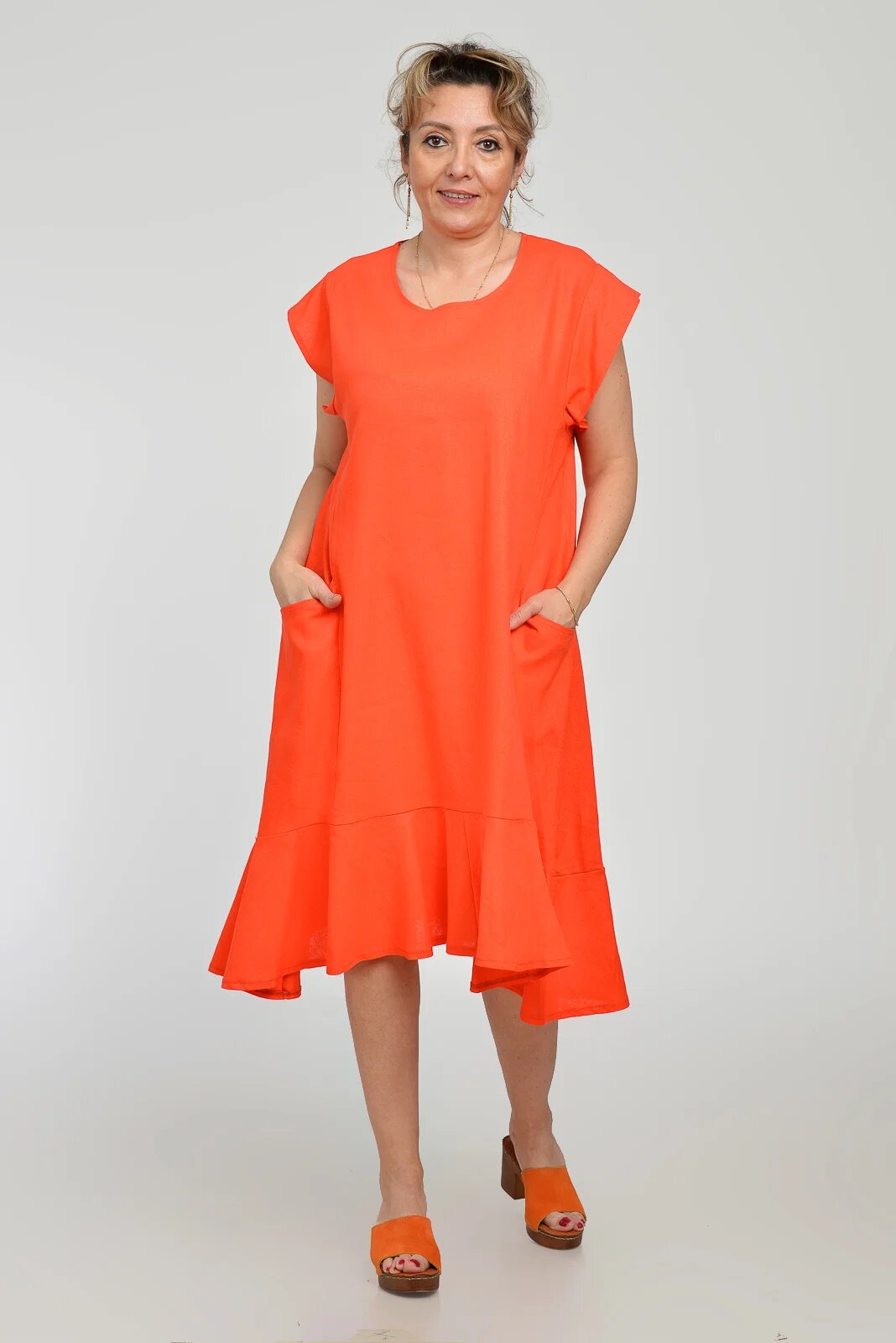 Pierino Rochie midi A-line din in mercerizat cu buzunare si volan corai