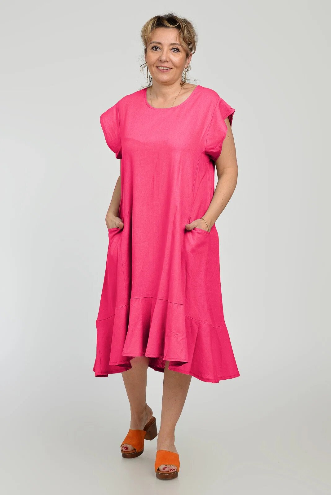 Pierino Rochie midi A-line din in mercerizat cu buzunare si volan fucsia