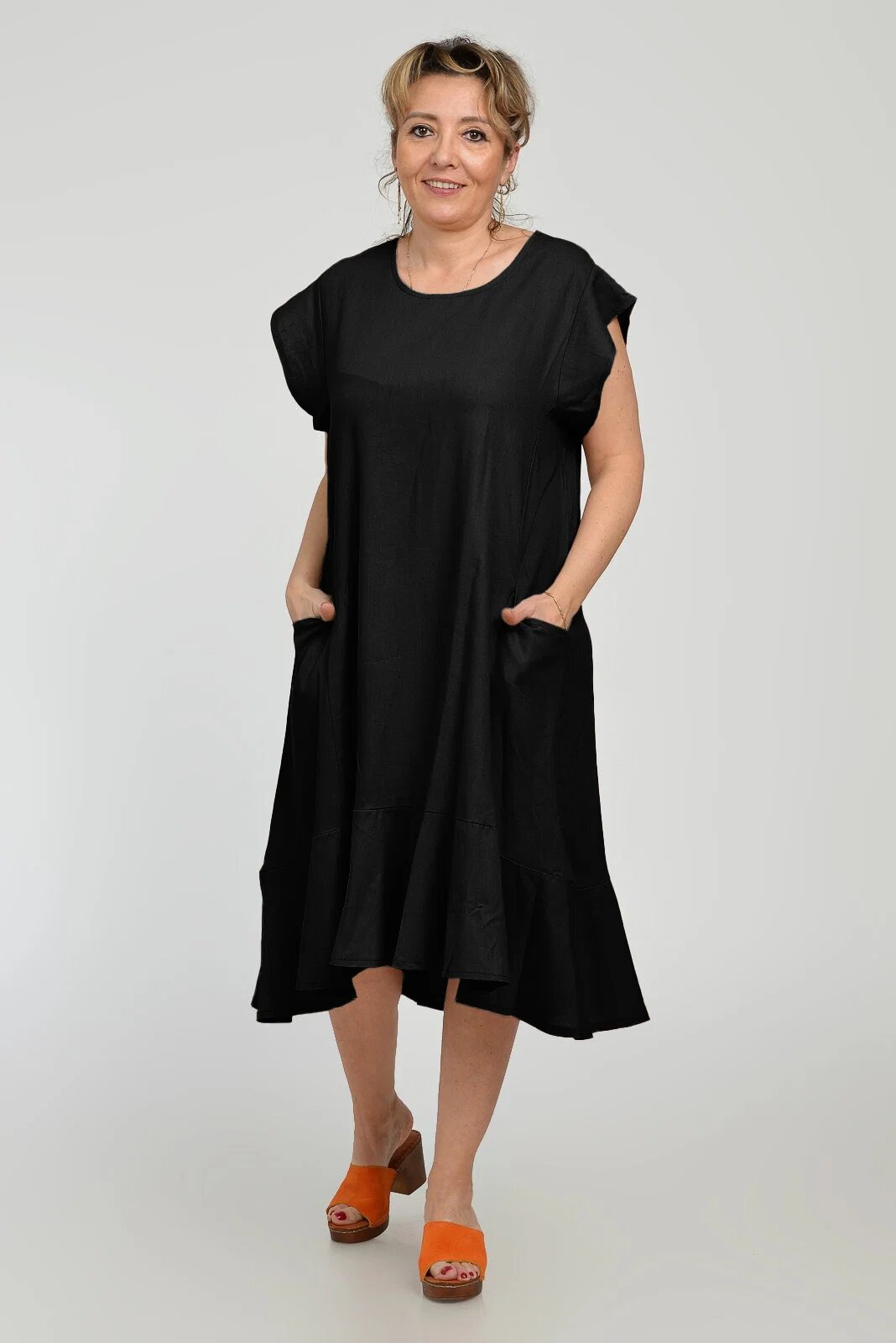 Pierino Rochie midi A-line din in mercerizat cu buzunare si volan neagra