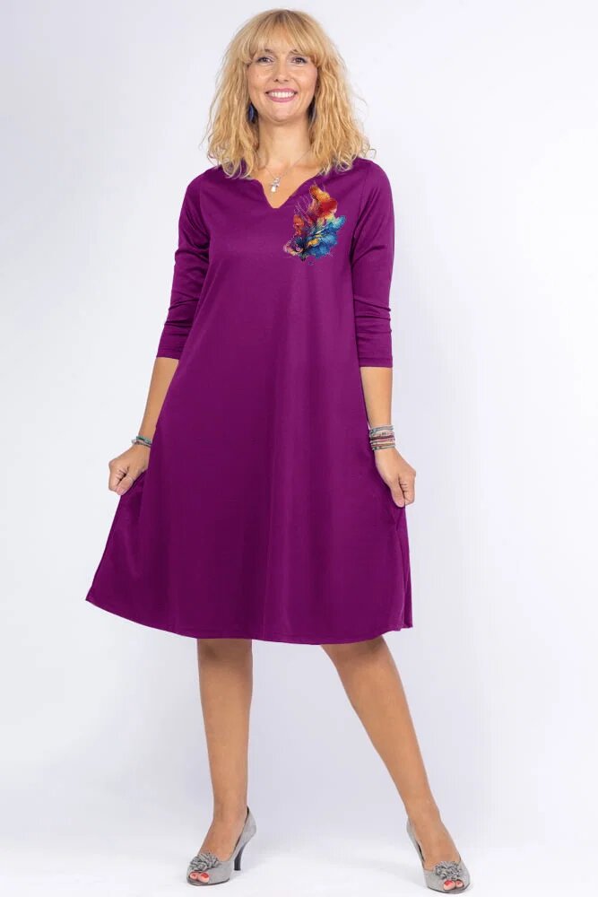 Pierino Rochie mov zmeura A line midi cu decolteu traditional si imprimeu floare picturala
