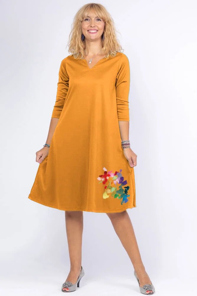 Pierino Rochie mustar A line midi cu decolteu traditional si floare laterala