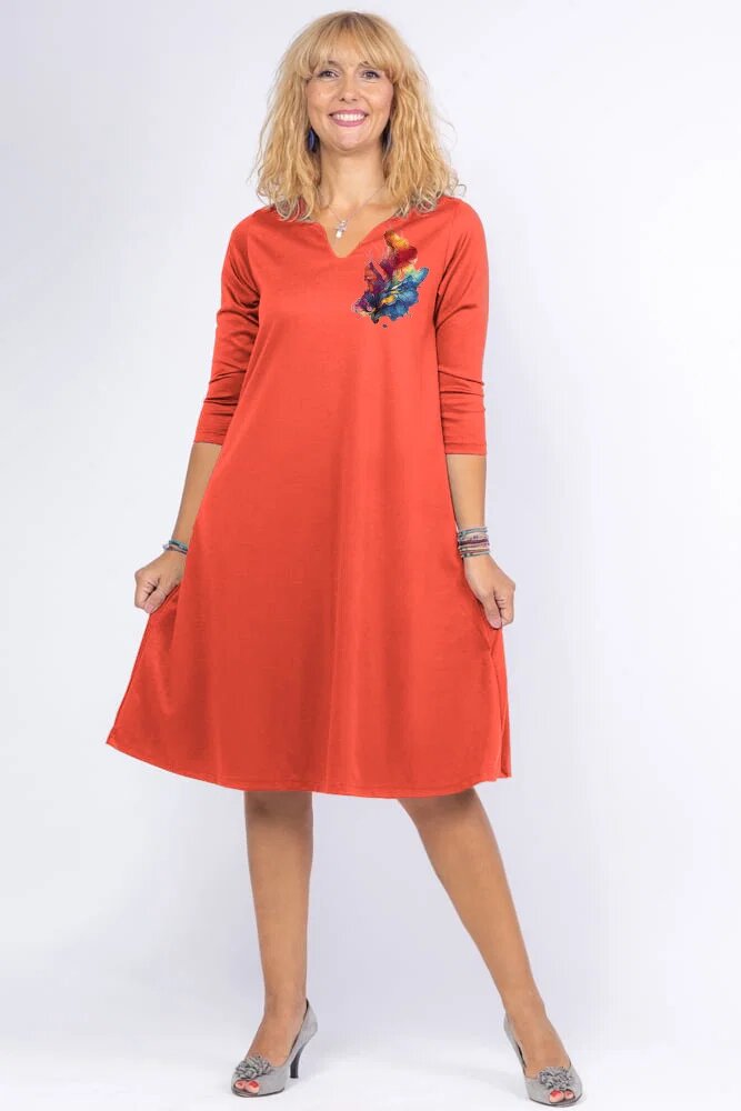Pierino Rochie portocaliu pastel A line midi cu decolteu traditional si imprimeu floare picturala