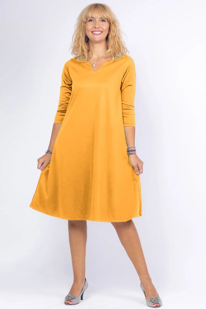 Pierino Rochie uni galbena A line midi cu decolteu traditional