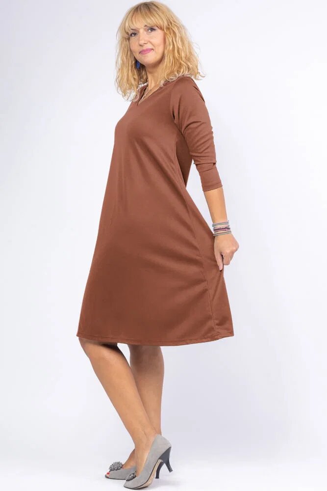 Pierino Rochie uni maro ciocolata A line midi cu decolteu traditional