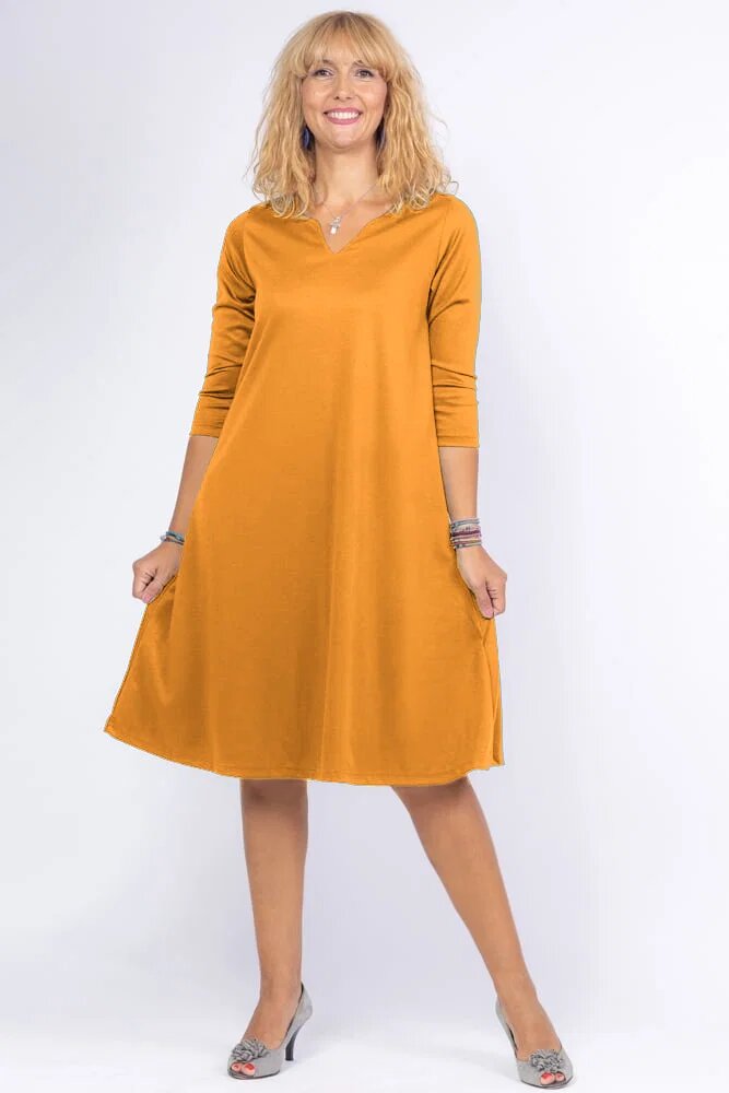 Pierino Rochie uni mustar A line midi cu decolteu traditional