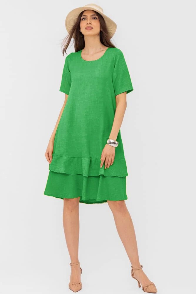 Pierino Rochie verde A line midi cu doua volane poale din in mercerizat si vascoza
