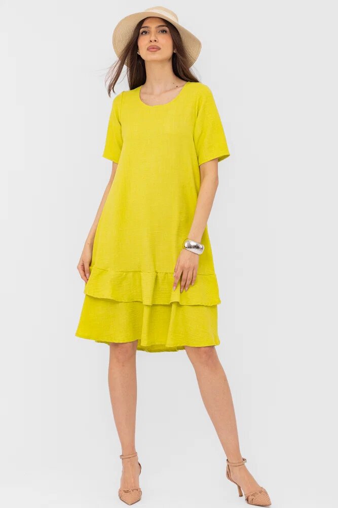 Pierino Rochie verde lime A line midi cu doua volane poale din in mercerizat si vascoza