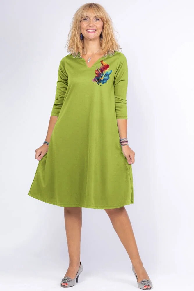 Pierino Rochie verde oliv A line midi cu decolteu traditional si imprimeu floare picturala