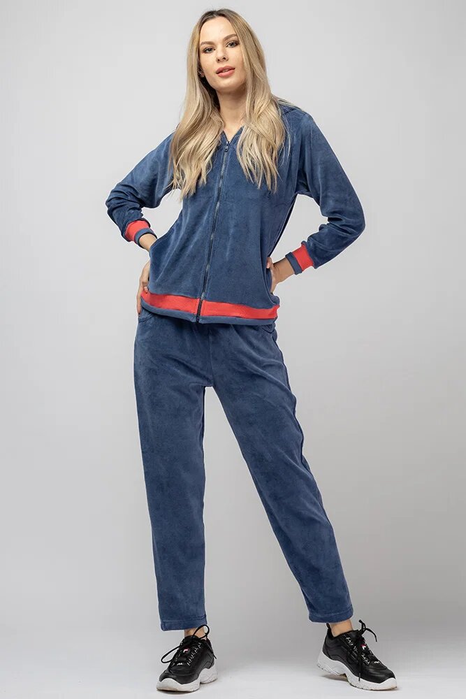 Pierino Trening dama doua piese din catifea de bumbac albastru jeans cu banda corai