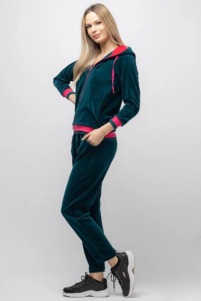 Pierino Trening dama doua piese din catifea de bumbac verde turquoise cu banda fucsia