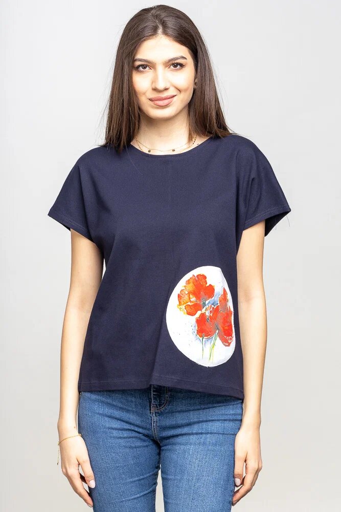 Pierino Tricou bleumarin cu panou lateral maci rosii picturali