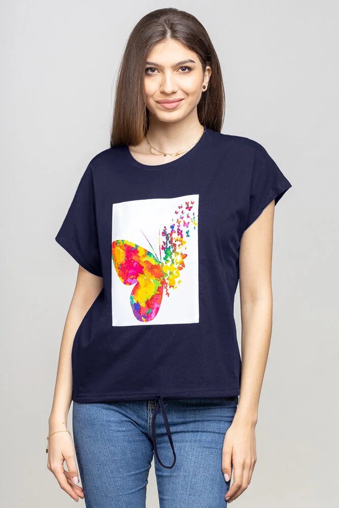 Pierino Tricou bleumarin cu snur si panou fluture stilizat