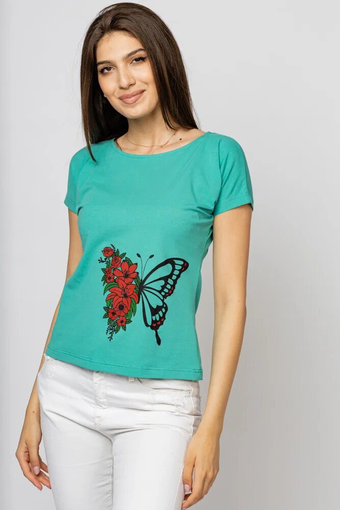Pierino Tricou cambrat turcoaz din bumbac cu imprimeu fluture si flori